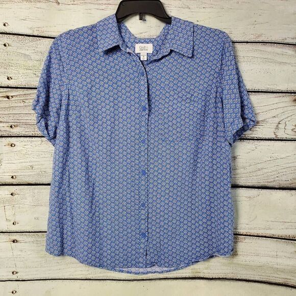 Croft & Barrow Women’s Plus 1X Blue Short Sleeve Button Down Blouse Floral Print - Picture 1 of 6